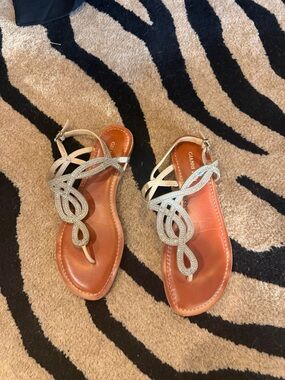 Gianni Bini Silver Crystal Embellished Tan Footbed Sandals